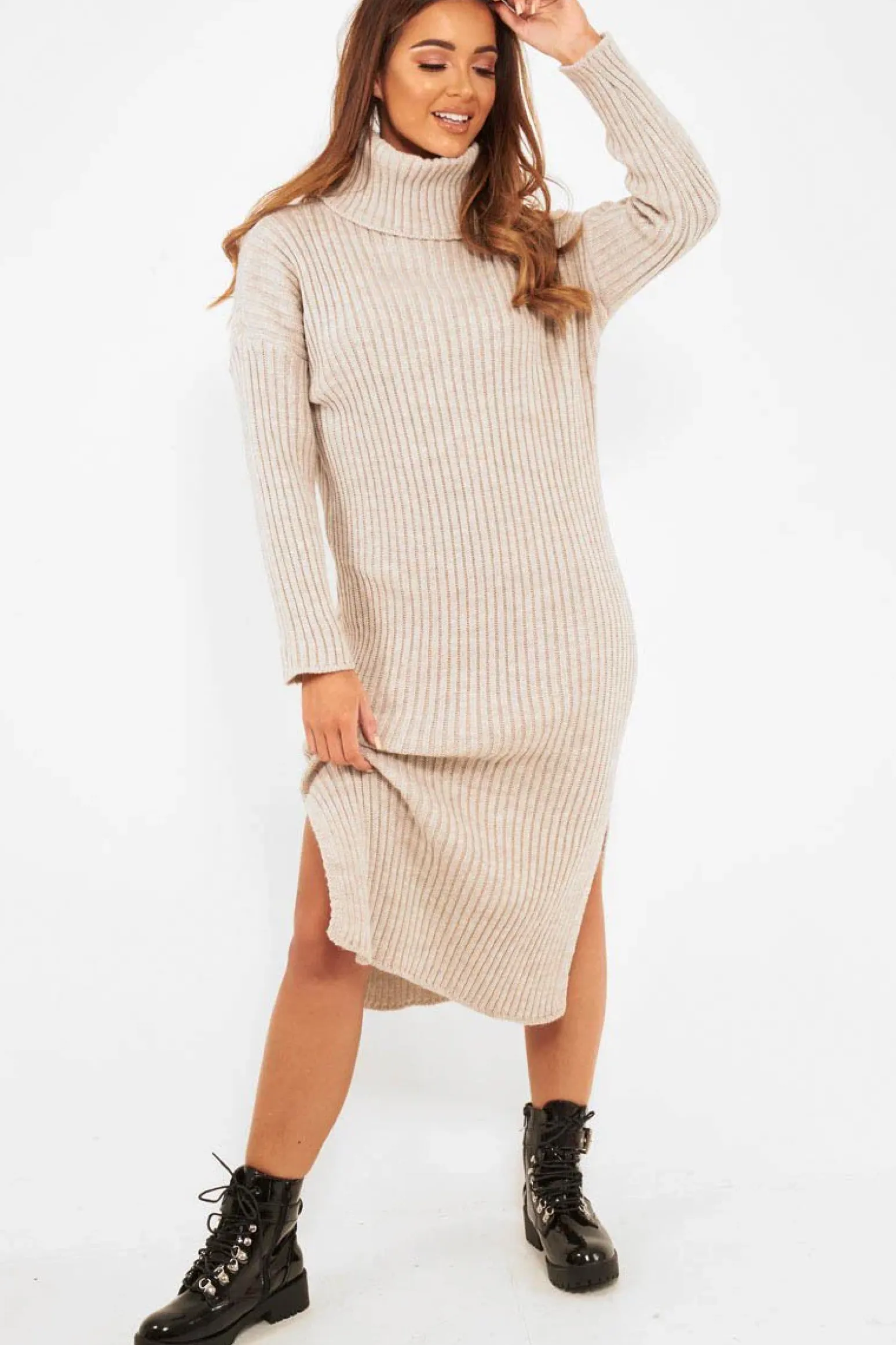 Rebellious Fashion Beige Knitted Roll Neck Jumper Dress - Cecily