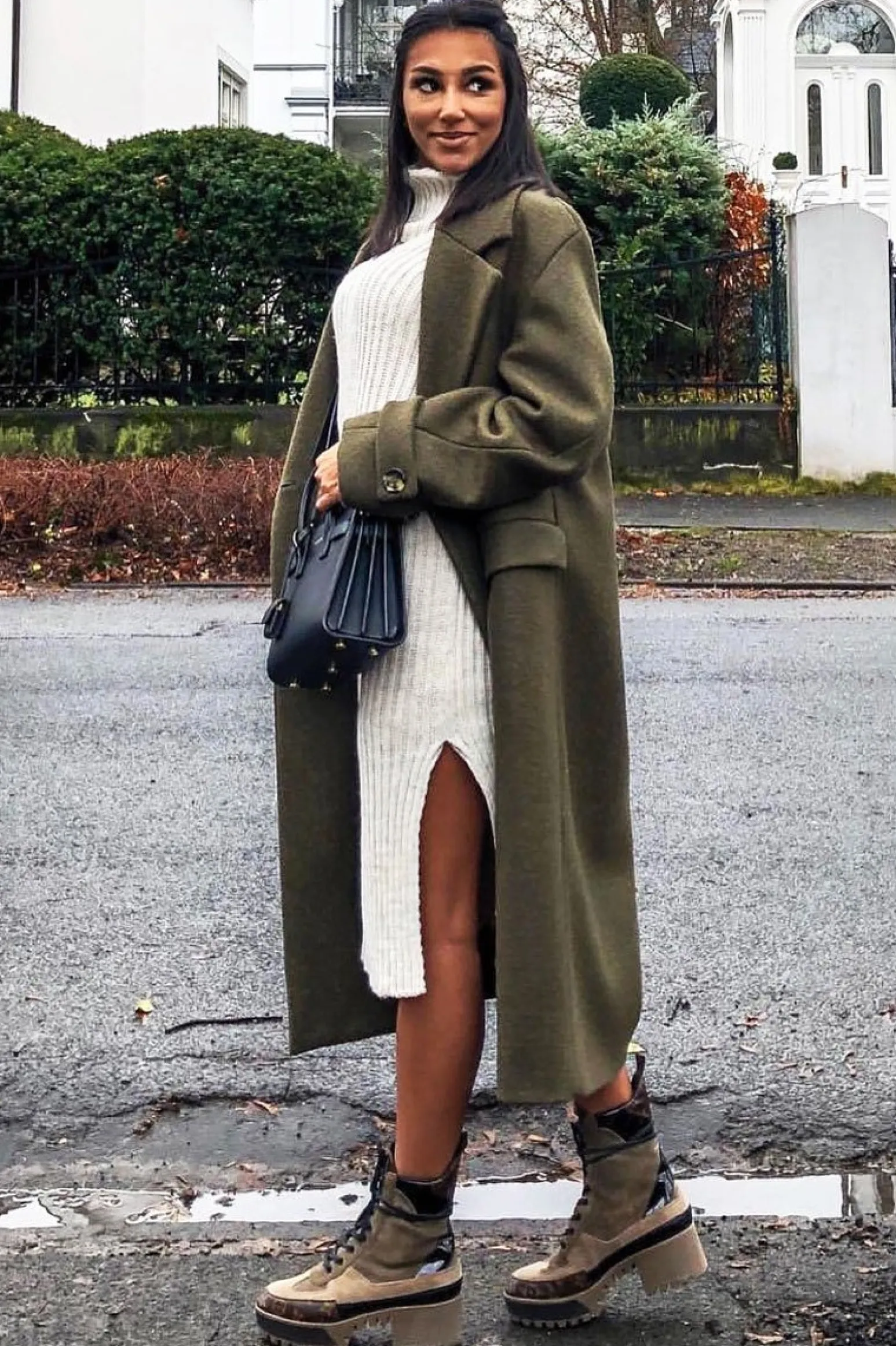 Rebellious Fashion Beige Knitted Roll Neck Jumper Dress - Cecily