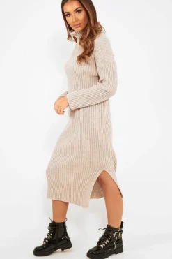 Rebellious Fashion Beige Knitted Roll Neck Jumper Dress - Cecily