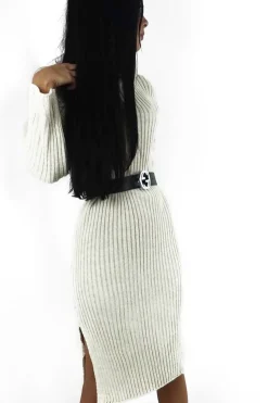 Rebellious Fashion Beige Knitted Roll Neck Jumper Dress - Cecily