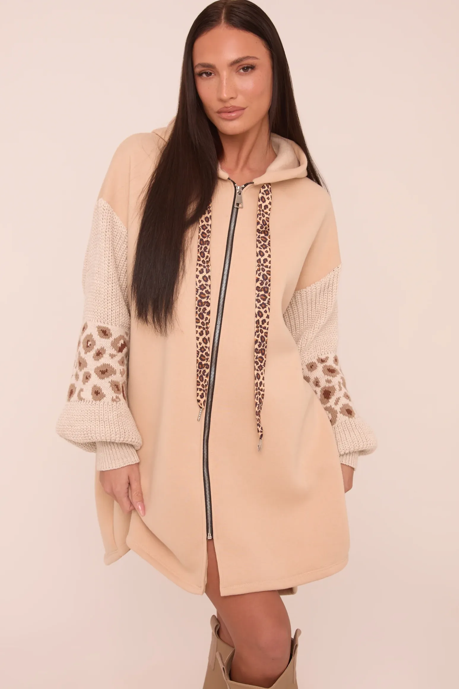 Rebellious Fashion Beige Leopard Print Zip Front Oversized Jumper Dress - Hallie