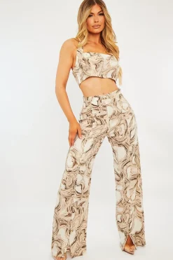 Rebellious Fashion Beige Marble Halter Crop Trouser Co-ord - Delta