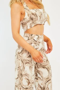 Rebellious Fashion Beige Marble Halter Crop Trouser Co-ord - Delta