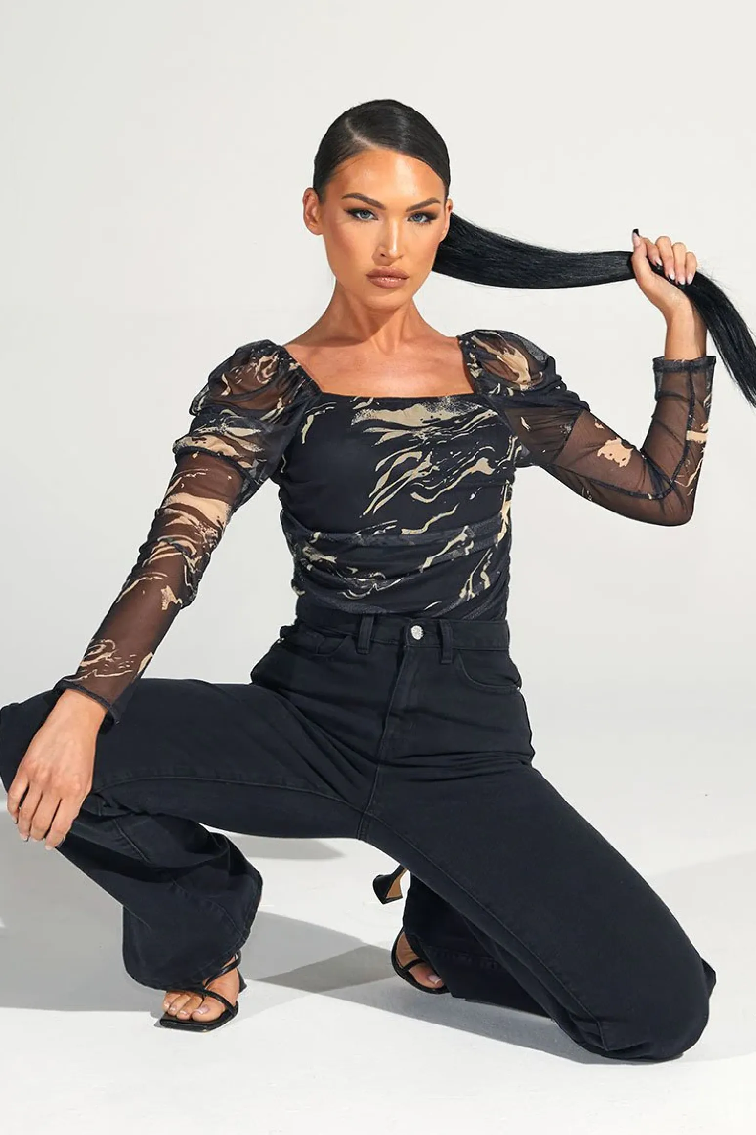 Rebellious Fashion Beige Marble Puff Sleeve Bodysuit - Deana