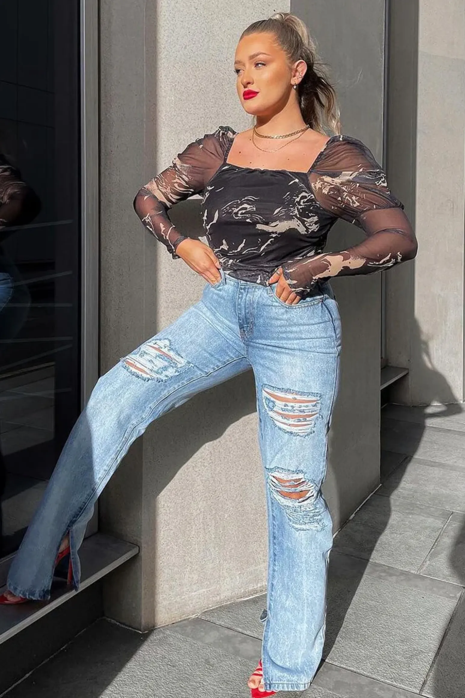 Rebellious Fashion Beige Marble Puff Sleeve Bodysuit - Deana