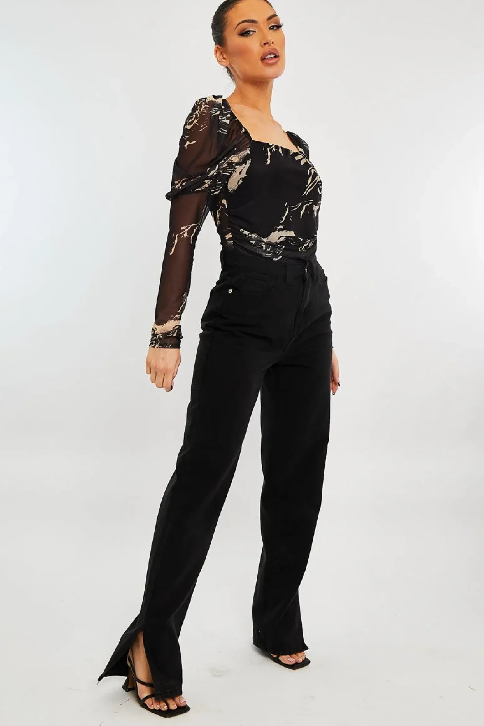 Rebellious Fashion Beige Marble Puff Sleeve Bodysuit - Deana