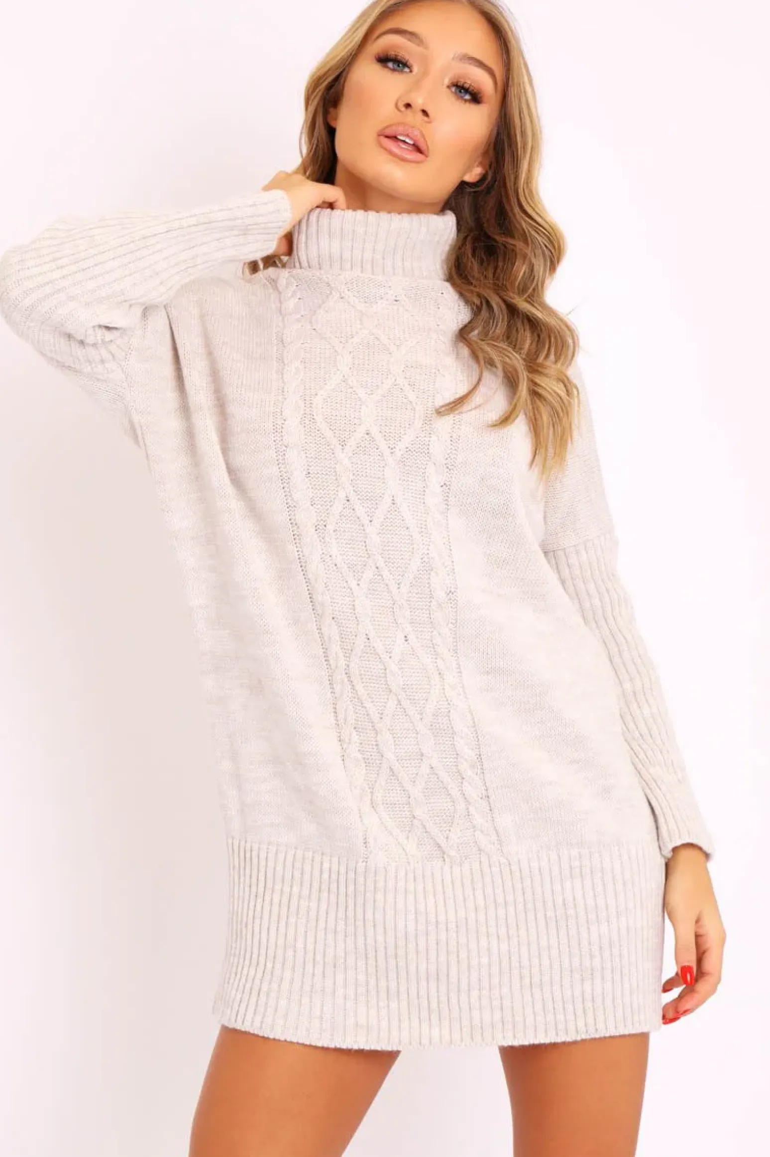 Rebellious Fashion Beige Oversized Knitted Turtle Neck Jumper Dress - Freyah
