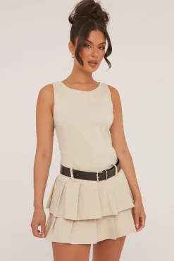 Rebellious Fashion Beige Pleated Belt Detail Mini Dress - Bobbie