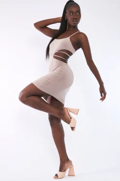 Rebellious Fashion Beige Ring Detail Slinky Mini Dress - Leona