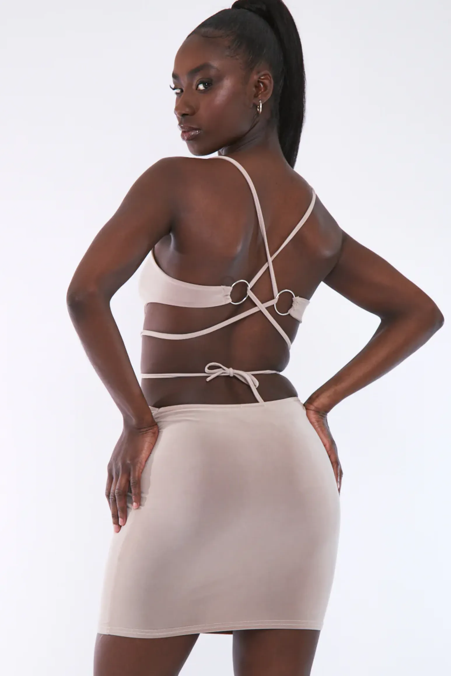 Rebellious Fashion Beige Ring Detail Slinky Mini Dress - Leona