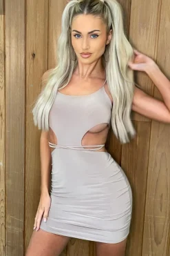 Rebellious Fashion Beige Ring Detail Slinky Mini Dress - Leona