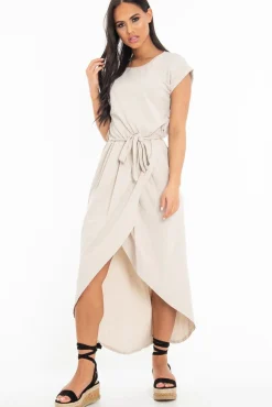 Rebellious Fashion Beige Scoop Neck Belted Wrap Maxi Dress - Allie