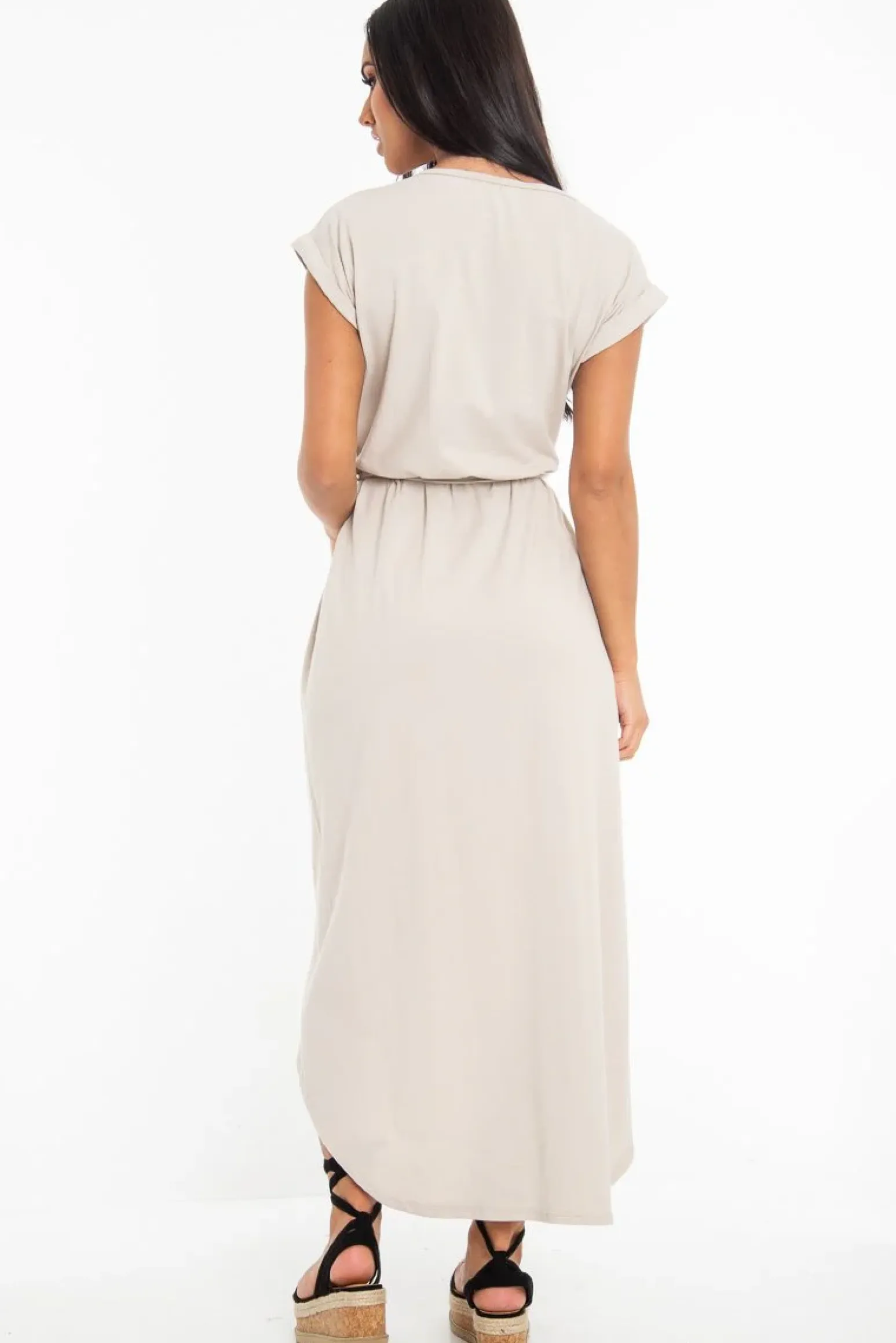 Rebellious Fashion Beige Scoop Neck Belted Wrap Maxi Dress - Allie