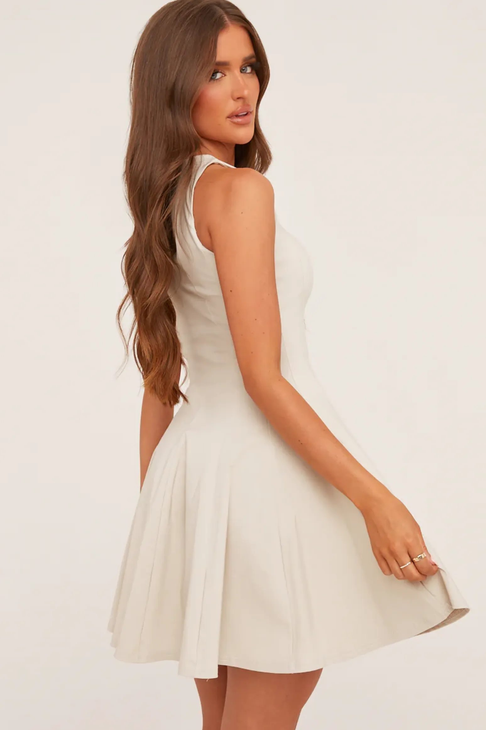 Rebellious Fashion Beige Seam Detail Structured Mini Dress - Daniya