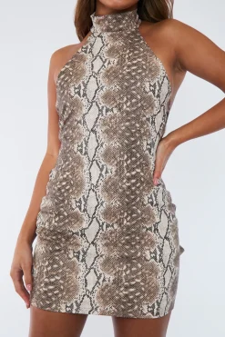 Rebellious Fashion Beige Snake Print PU Halter Neck Mini Dress - Cheryl
