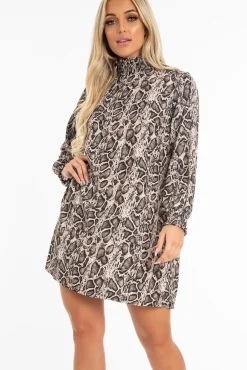 Rebellious Fashion Beige Snake Shirred High Neck Shift Dress - Pamela