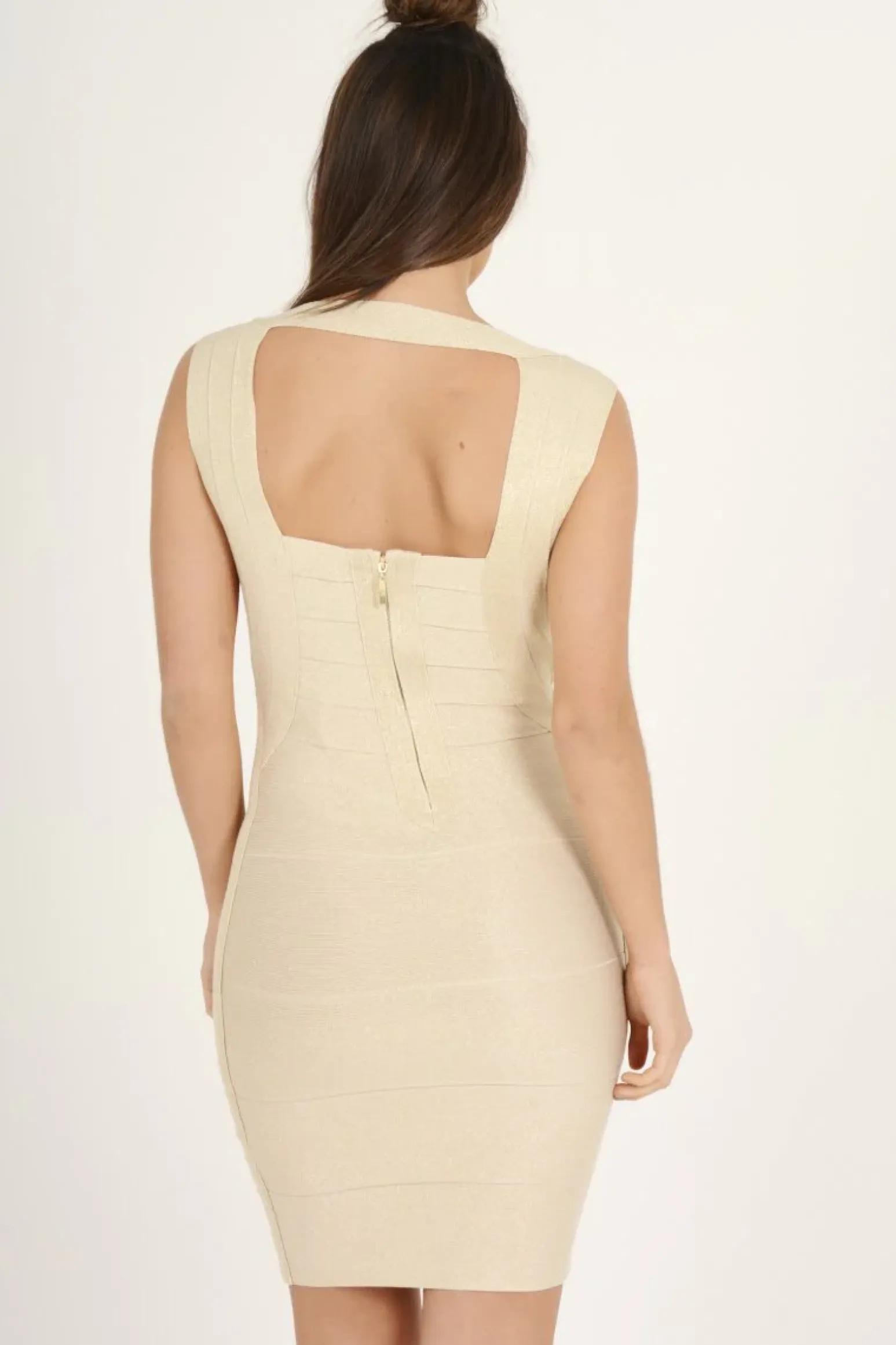 Rebellious Fashion Beige Sparkly Bandage Midi Dress - Libby