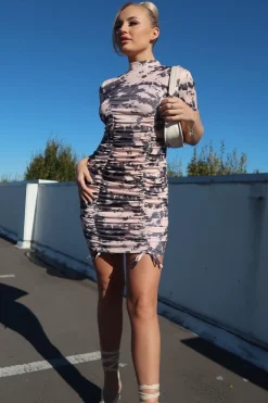 Rebellious Fashion Beige Tie Dye Ruched Mini Dress - Lauralie