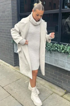Rebellious Fashion Beige Turtle Neck Knit Jumper Dress - Brooke