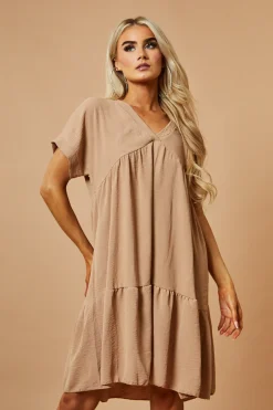 Rebellious Fashion Beige V-Neck Tiered Frill Mini Dress - Kate