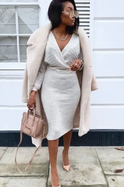 Rebellious Fashion Beige Wrap Front Knit Midi Dress - Edan