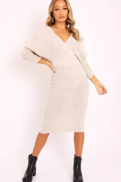 Rebellious Fashion Beige Wrap Front Knit Midi Dress - Edan