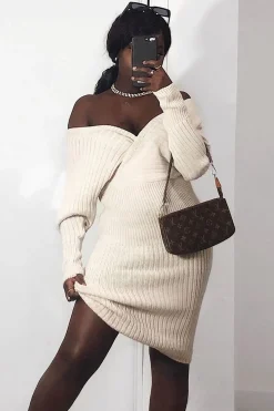 Rebellious Fashion Beige Wrap Front Knit Midi Dress - Edan