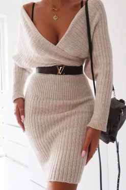 Rebellious Fashion Beige Wrap Front Knit Midi Dress - Edan