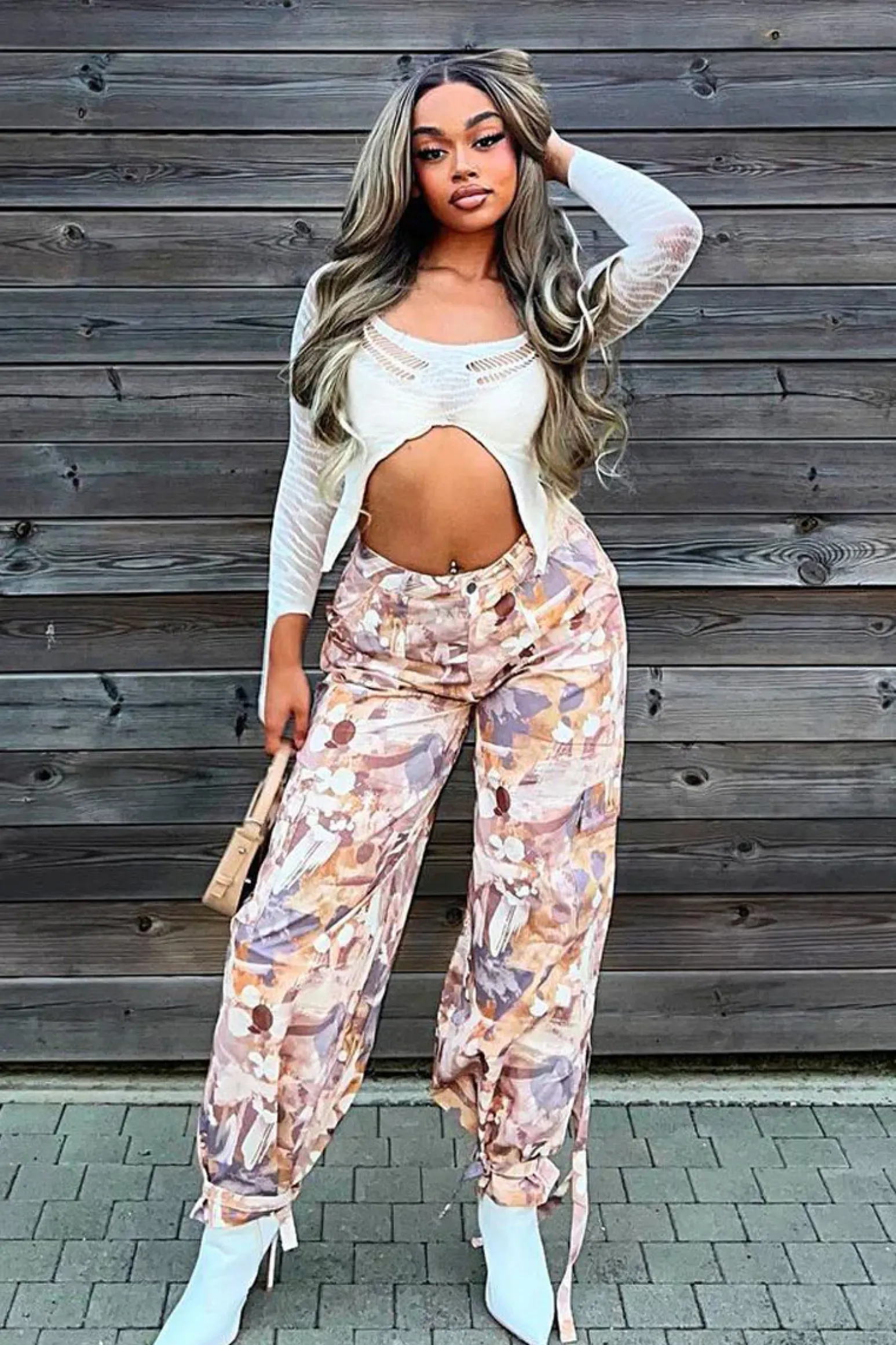 Rebellious Fashion Beige Abstract Print Tie Hem Cargo Trousers - Britney