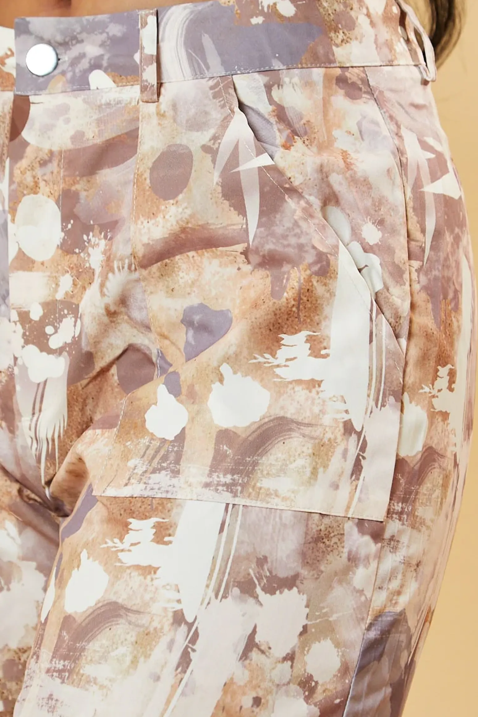 Rebellious Fashion Beige Abstract Print Tie Hem Cargo Trousers - Britney