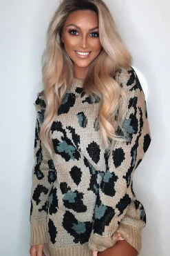 Rebellious Fashion Beige and Blue Leopard Print Jumper Dress - Nancy