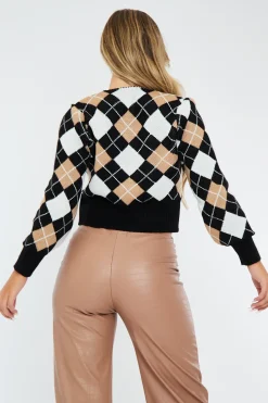 Rebellious Fashion Beige Argyle Print Knit Cardigan - Dazie