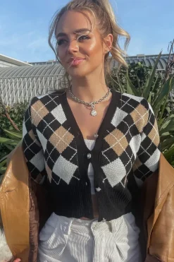 Rebellious Fashion Beige Argyle Print Knit Cardigan - Dazie