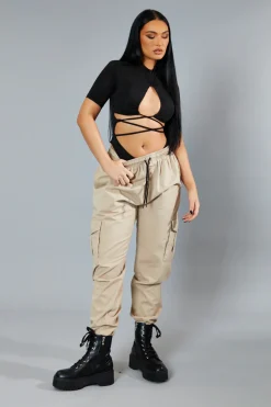 Rebellious Fashion Beige Baggy Cuffed Cargo Trousers - Shemaz