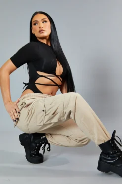 Rebellious Fashion Beige Baggy Cuffed Cargo Trousers - Shemaz