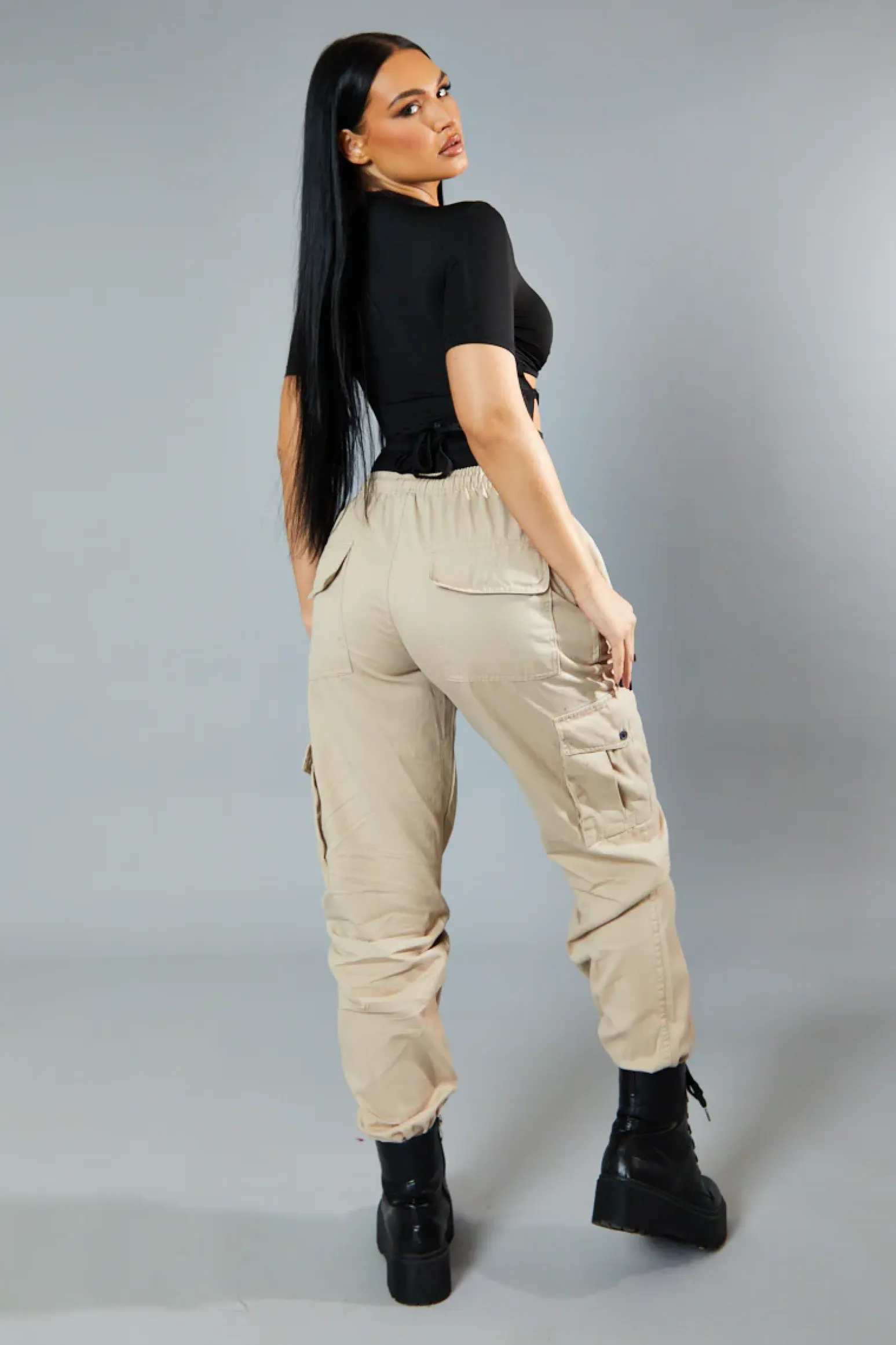 Rebellious Fashion Beige Baggy Cuffed Cargo Trousers - Shemaz