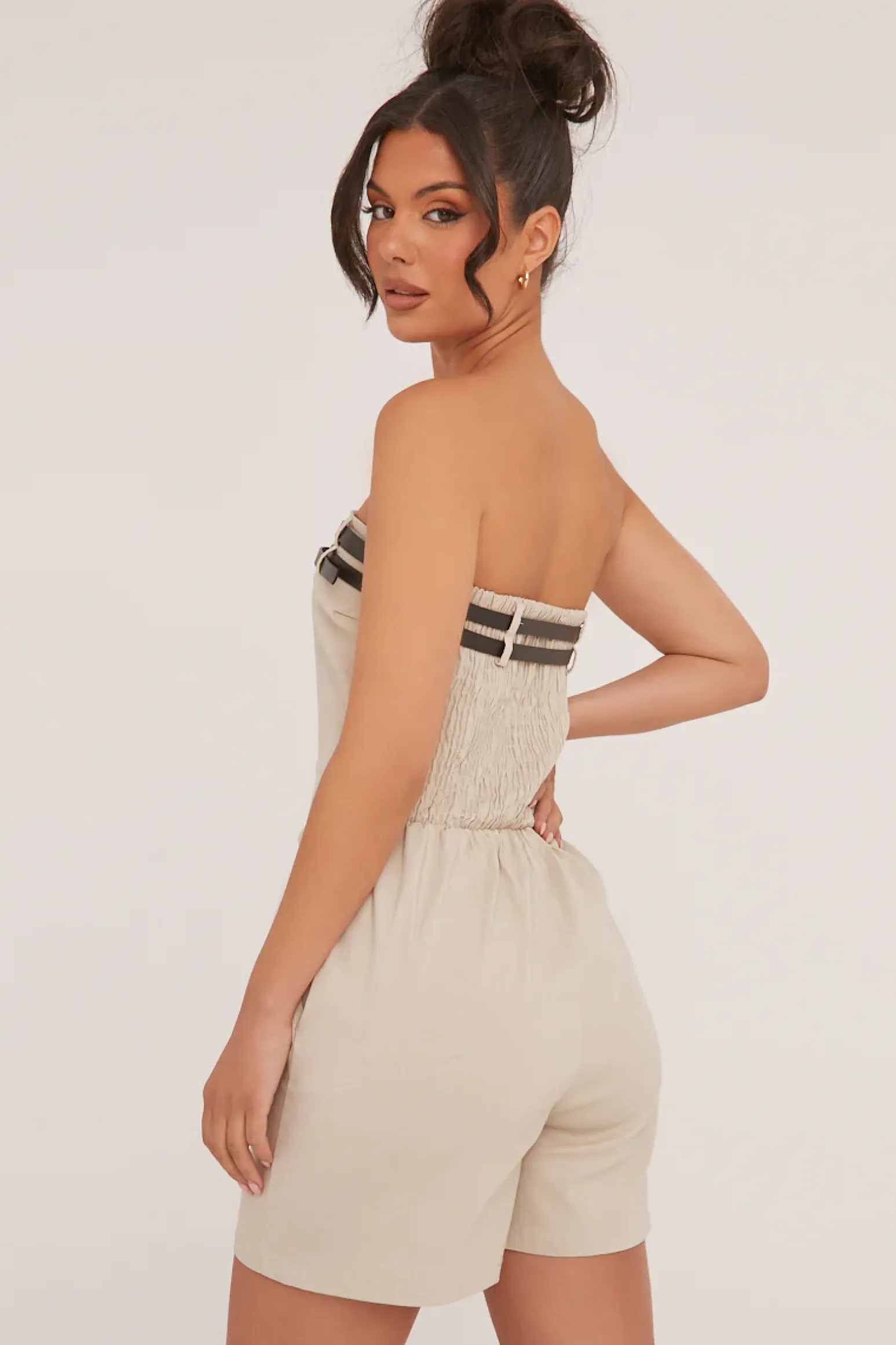 Rebellious Fashion Beige Bandeau Belt Detail Playsuit - Dolly