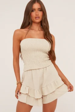Rebellious Fashion Beige Bandeau Shirring Detail Frill Hem Playsuit - Dacey