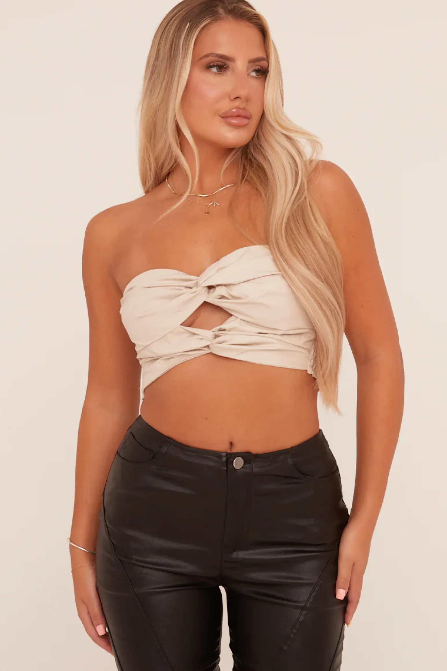 Rebellious Fashion Beige Bandeau Twist Front Cropped Top - Annina