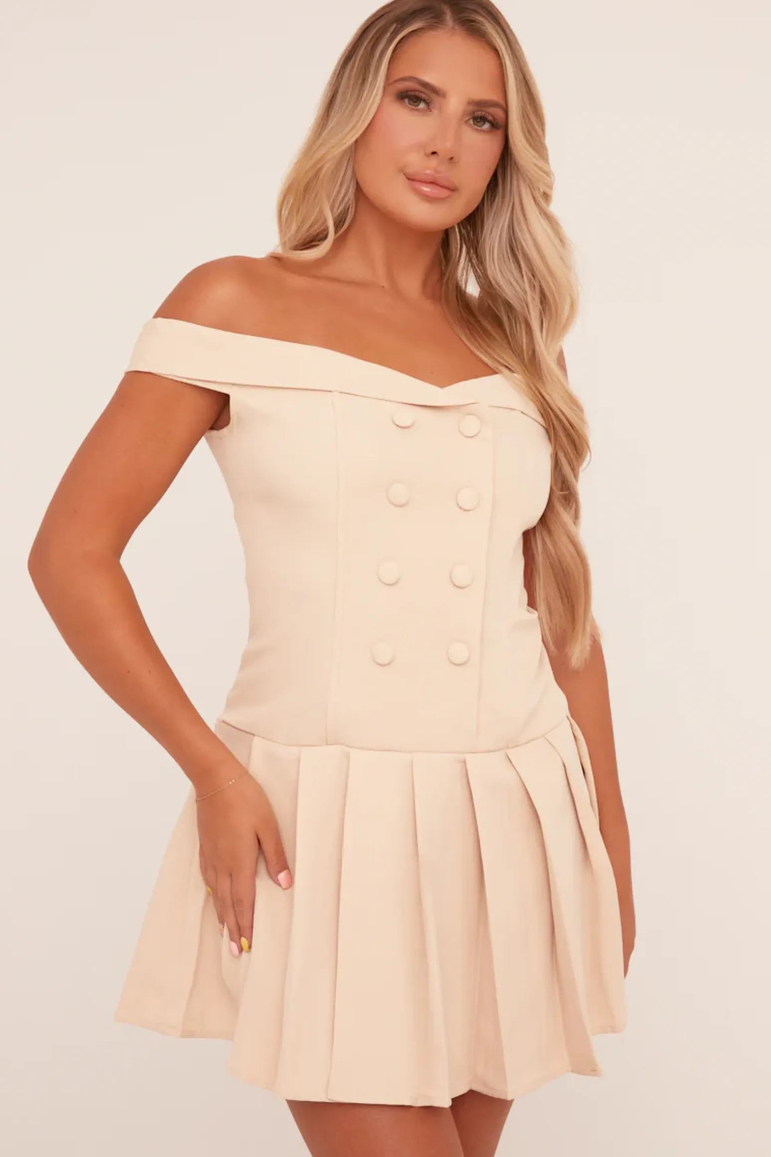 Rebellious Fashion Beige Bardot Pleated Tailored Blazer Dress - Elmina