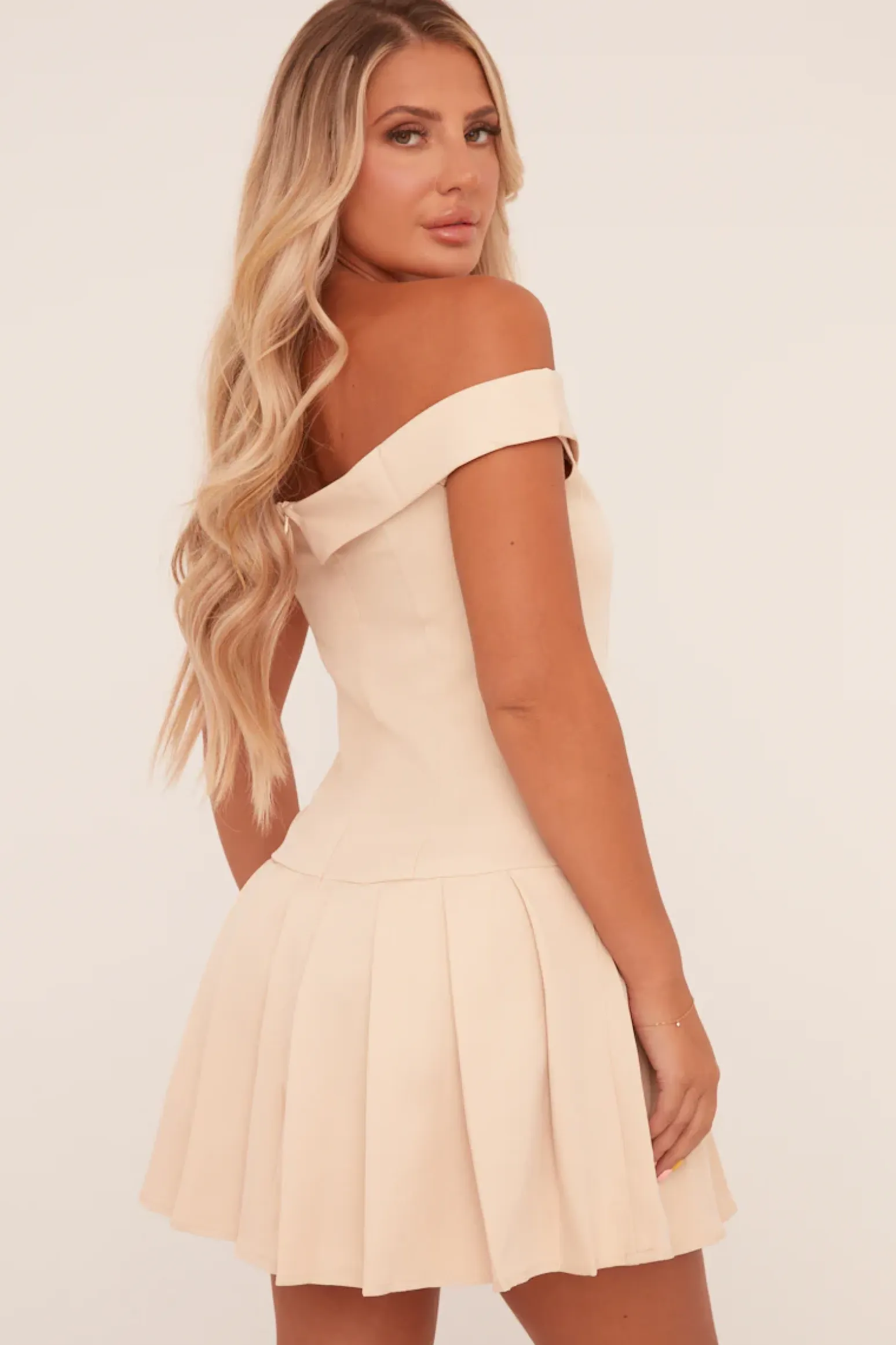 Rebellious Fashion Beige Bardot Pleated Tailored Blazer Dress - Elmina