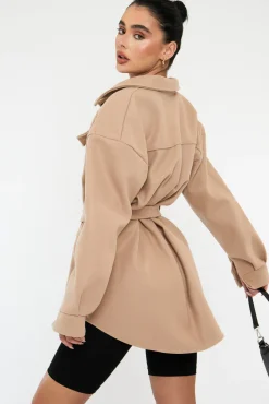 Rebellious Fashion Beige Belted Pocket Front Shacket - Meera