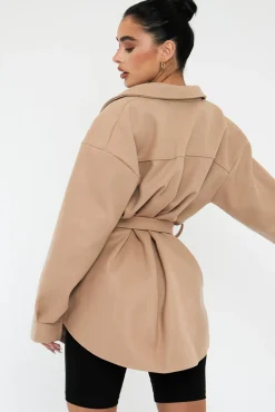Rebellious Fashion Beige Belted Pocket Front Shacket - Meera