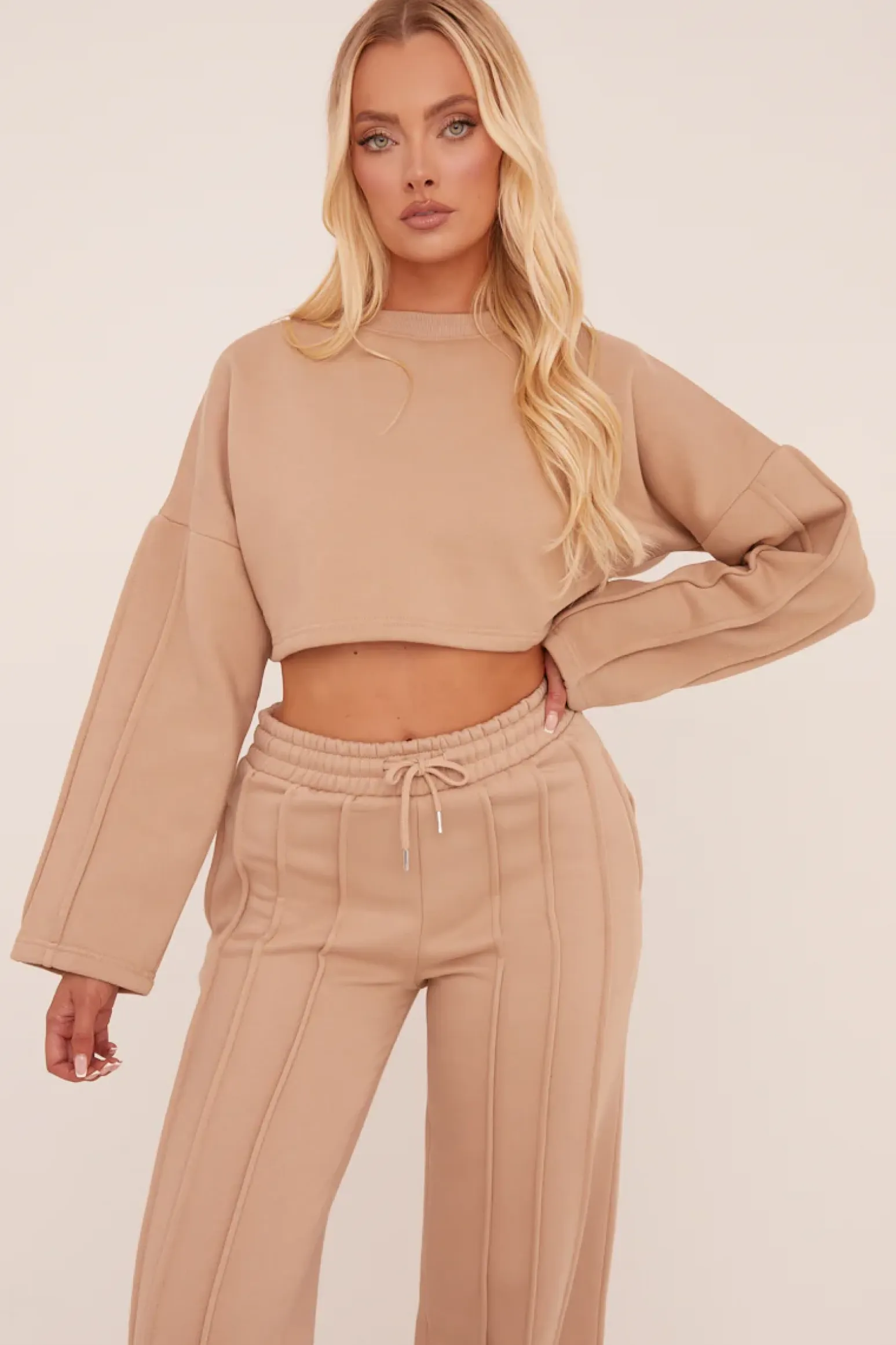 Rebellious Fashion Beige Binding Detail Loungewear Co-ord Set - Ceri