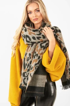 Rebellious Fashion Beige Black Leopard Print Knit Scarf - Addelyn