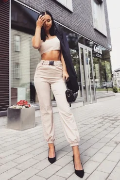 Rebellious Fashion Beige Buckle Cargo Pant Crop Top Co-Ord - Kahri