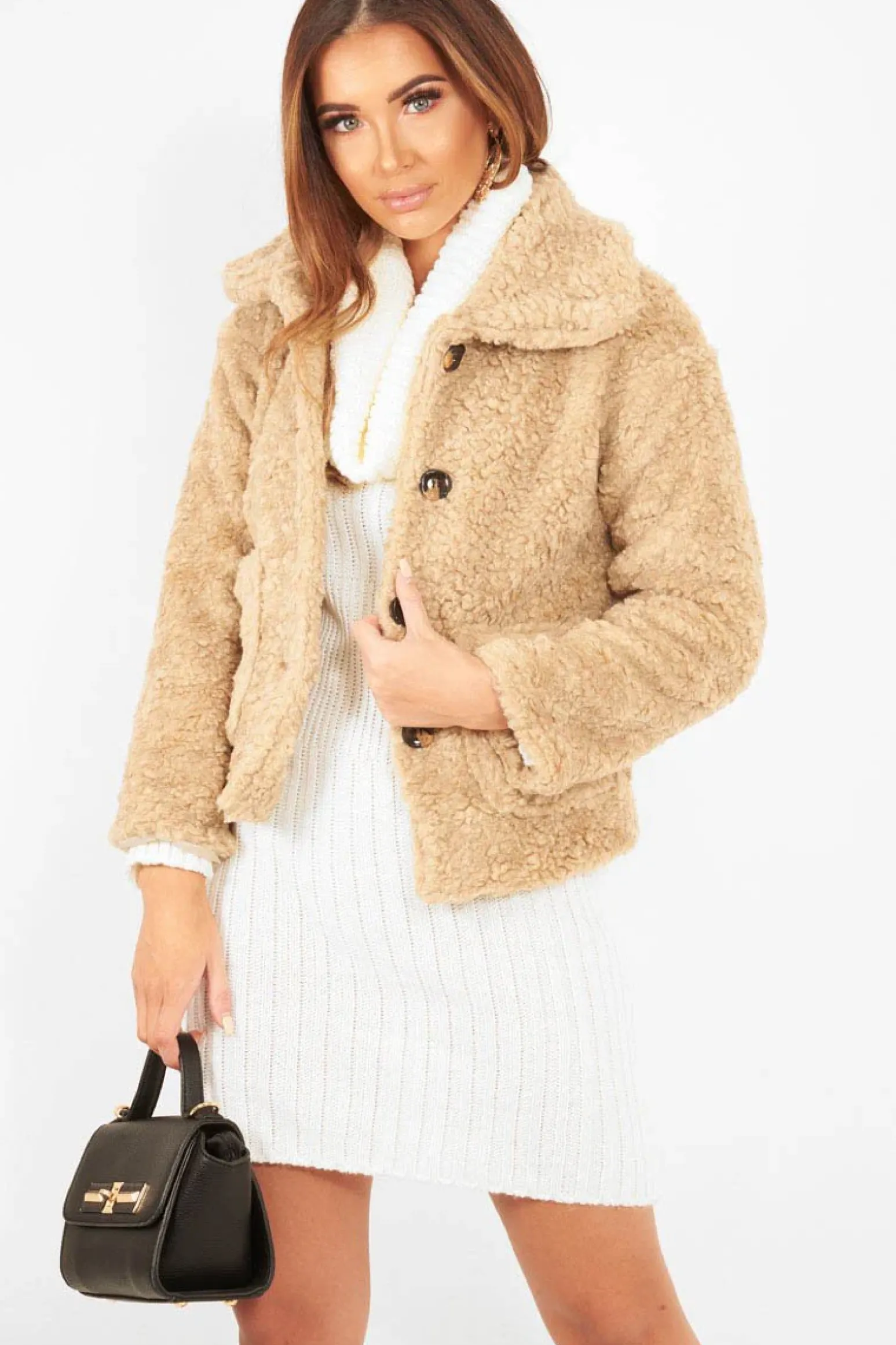 Rebellious Fashion Beige Button Front Borg Coat - Jordana