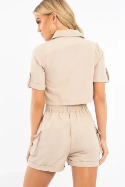 Rebellious Fashion Beige Button Front Utility Shirt Shorts Co-ord - Galia