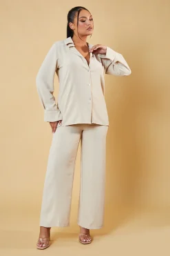 Rebellious Fashion Beige Button Up Front Shirt & Wide Leg Trouser Co-ord - Alicia