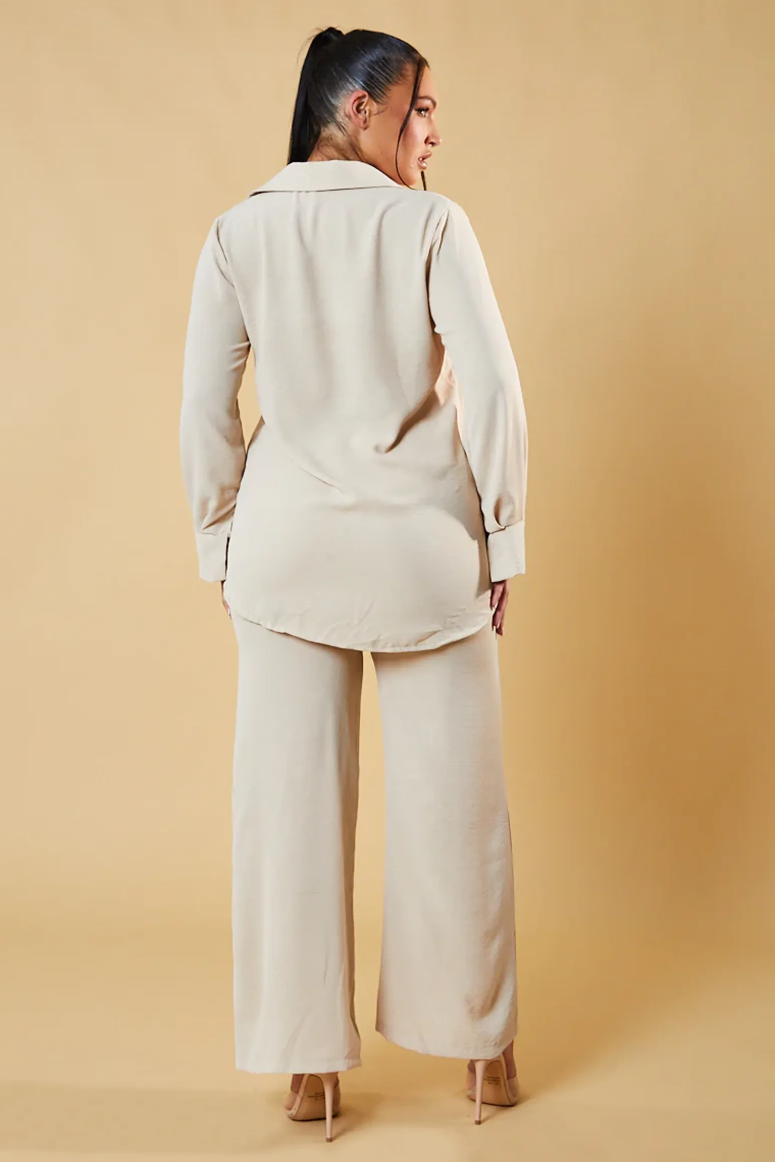 Rebellious Fashion Beige Button Up Front Shirt & Wide Leg Trouser Co-ord - Alicia